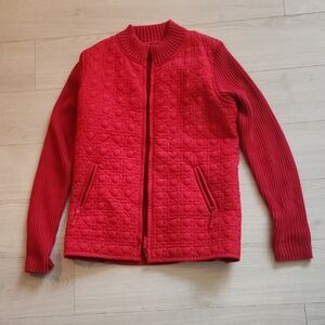 Red Quilted Jacket with Ribbed Sleeves